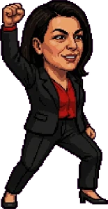 Belinda Balluku në pozën e fitores, pixel-art nga loja Rama Karate