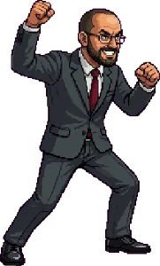 Gazment Bardhi në pozën e fitores, pixel-art nga loja Rama Karate