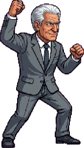 Sali Berisha në pozën e fitores, pixel-art nga loja Rama Karate