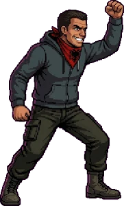 Dikush në pozën e fitores, pixel-art nga loja Rama Karate