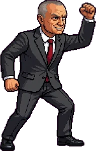 Ilir Meta në pozën e fitores, pixel-art nga loja Rama Karate