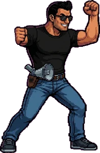 Protestuesi në pozën e fitores, pixel-art nga loja Rama Karate