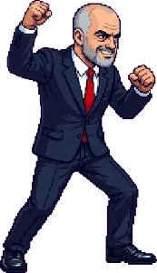 Edi Rama në pozën e fitores, pixel-art nga loja Rama Karate