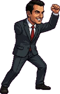 Erion Veliaj në pozën e fitores, pixel-art nga loja Rama Karate